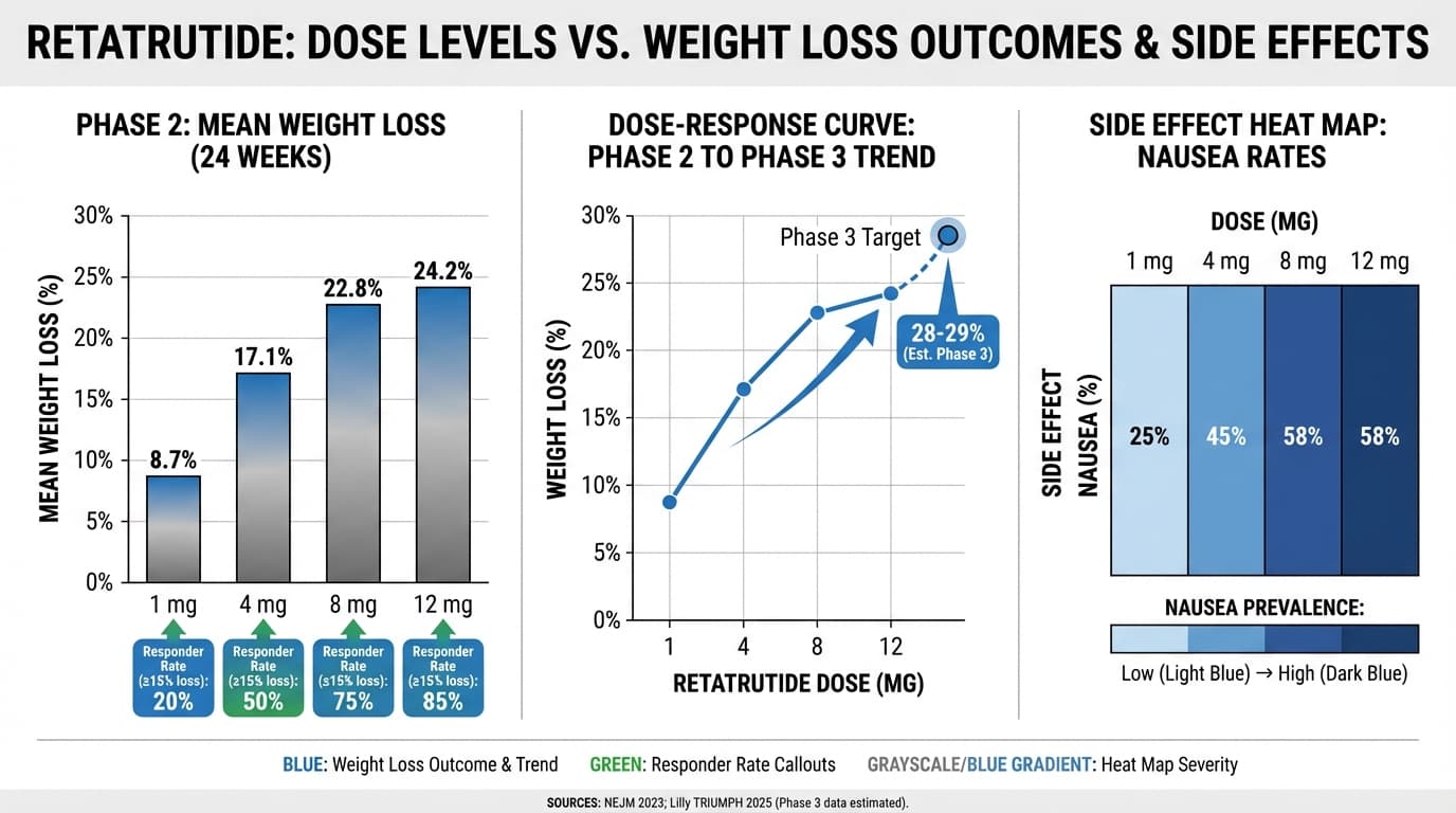 Retatrutide dose levels and weight loss results from Phase 2 and Phase 3 clinical trials