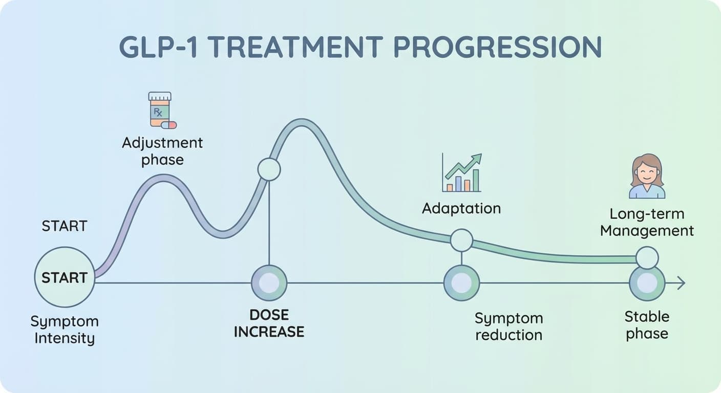 Treatment progression timeline showing how side effects typically evolve during GLP-1 treatment