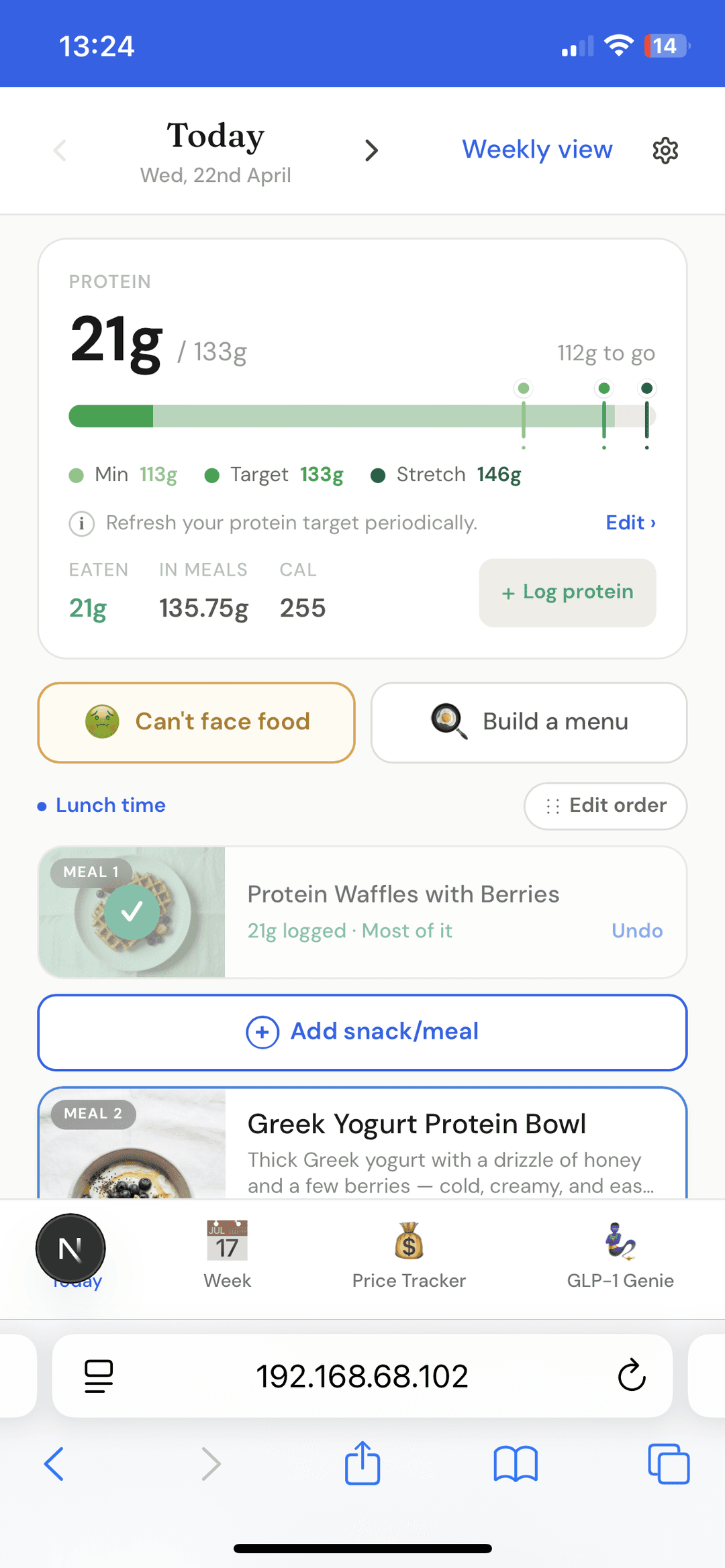 AllGLP1 Meal Planner — personalized Today screen showing protein target and meals