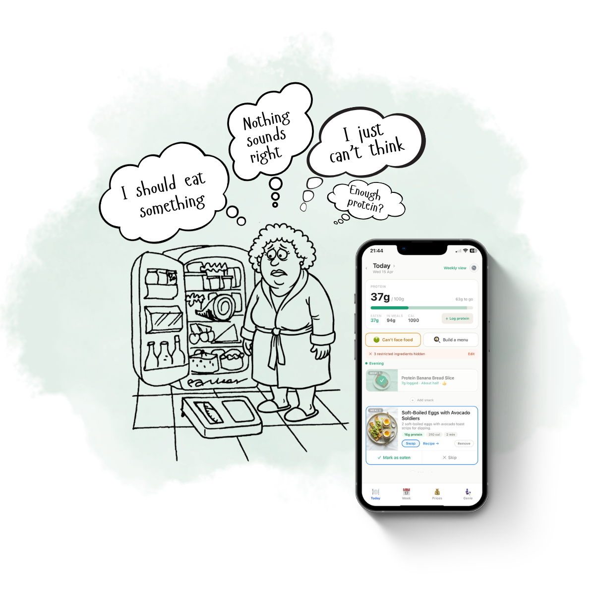 A person at an open fridge with thought bubbles about what to eat — next to a phone showing the AllGLP1 Today screen.